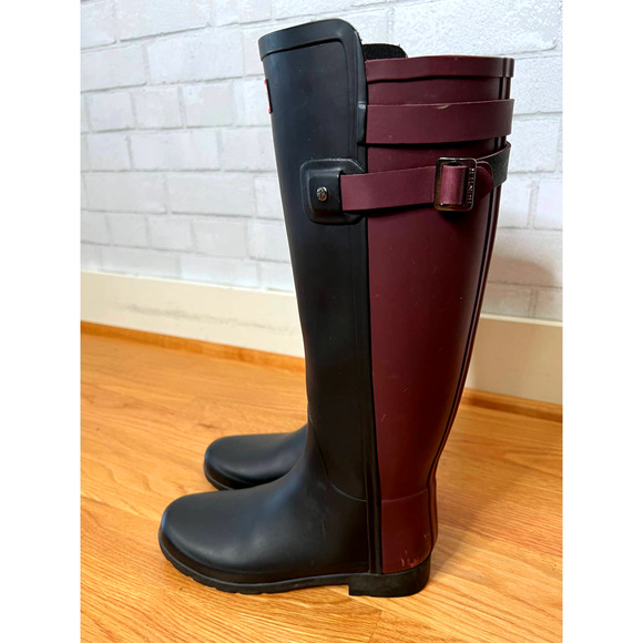 Hunter Original 6 Refined Back Strap Contrast Tall Wellington Rain Boots Black - Picture 6 of 9